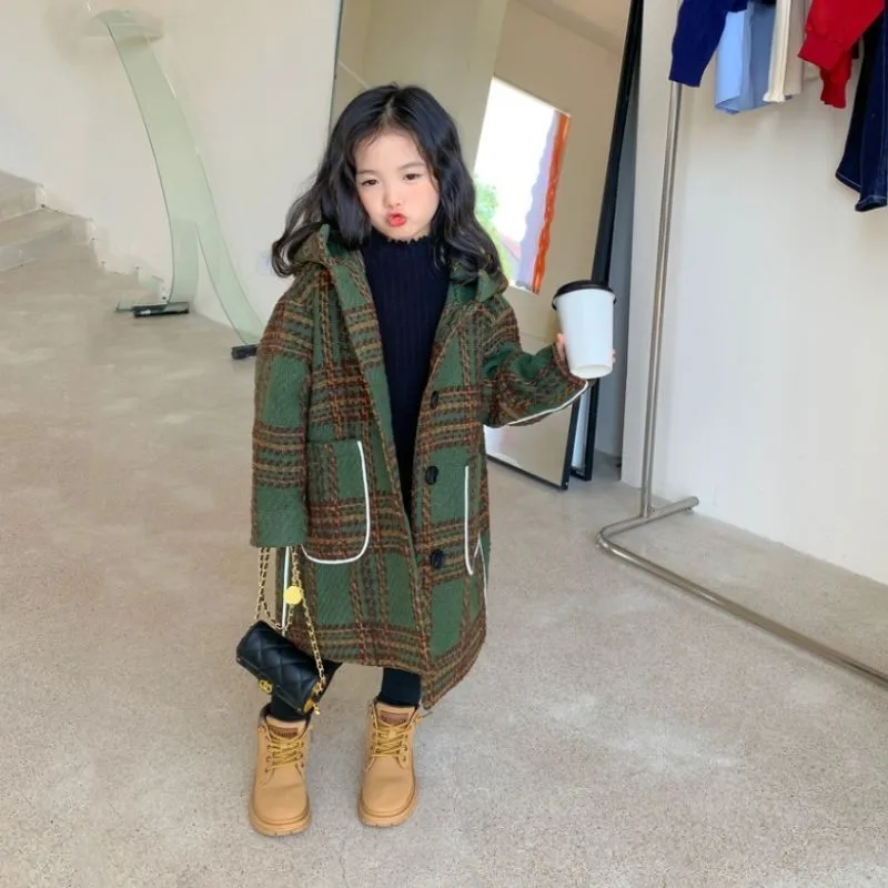Girls Kids Woolen Coat Jacket Overcoat 2022 Classic Warm Plus Thicken Winter Cotton Fleece Children's Clothing