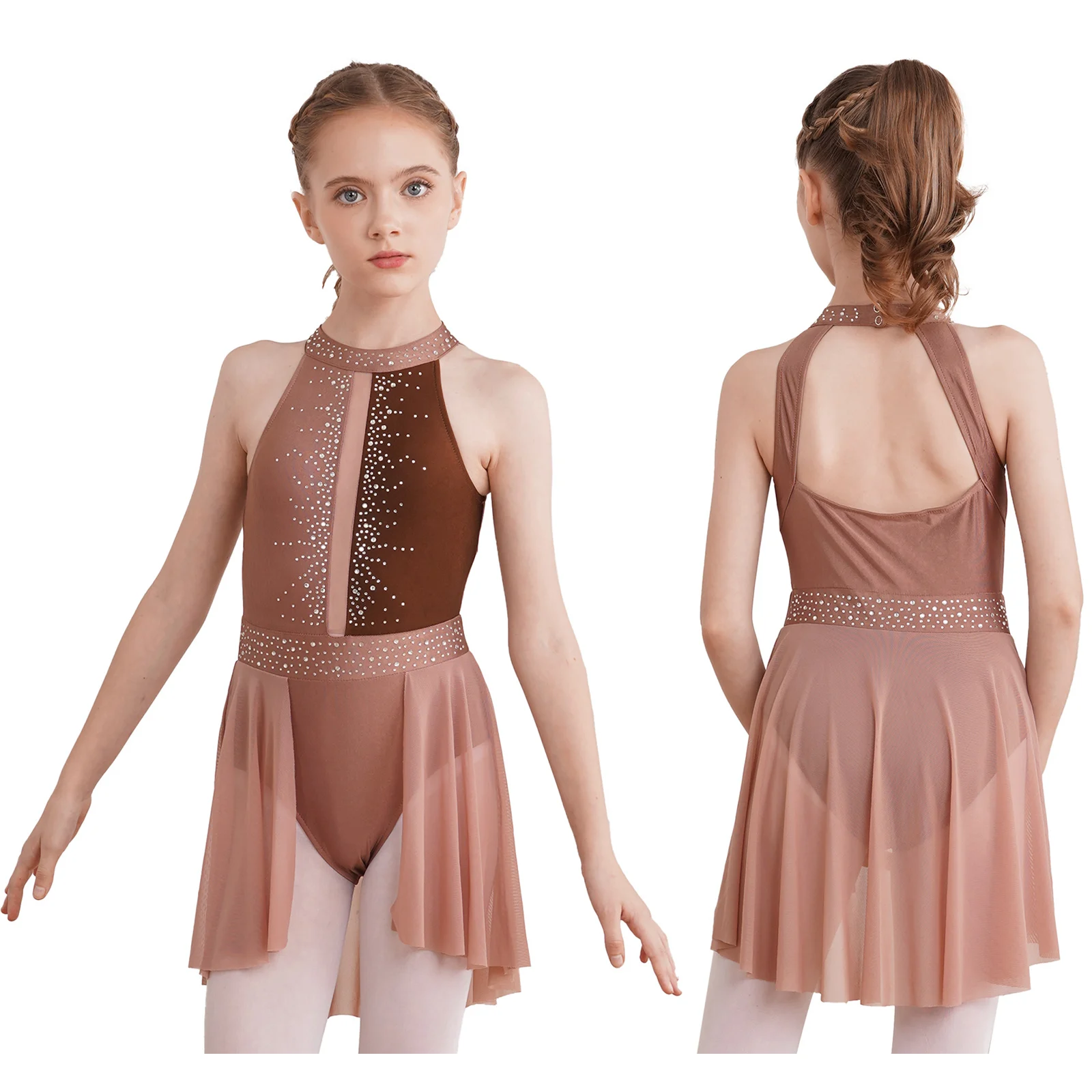 

2024 Kids Girls Sleeveless Mock-neck Chiffon Ballet Leotard Lyrical Dance Dress Ballerina Contemporary Modern Gymnastics Costume