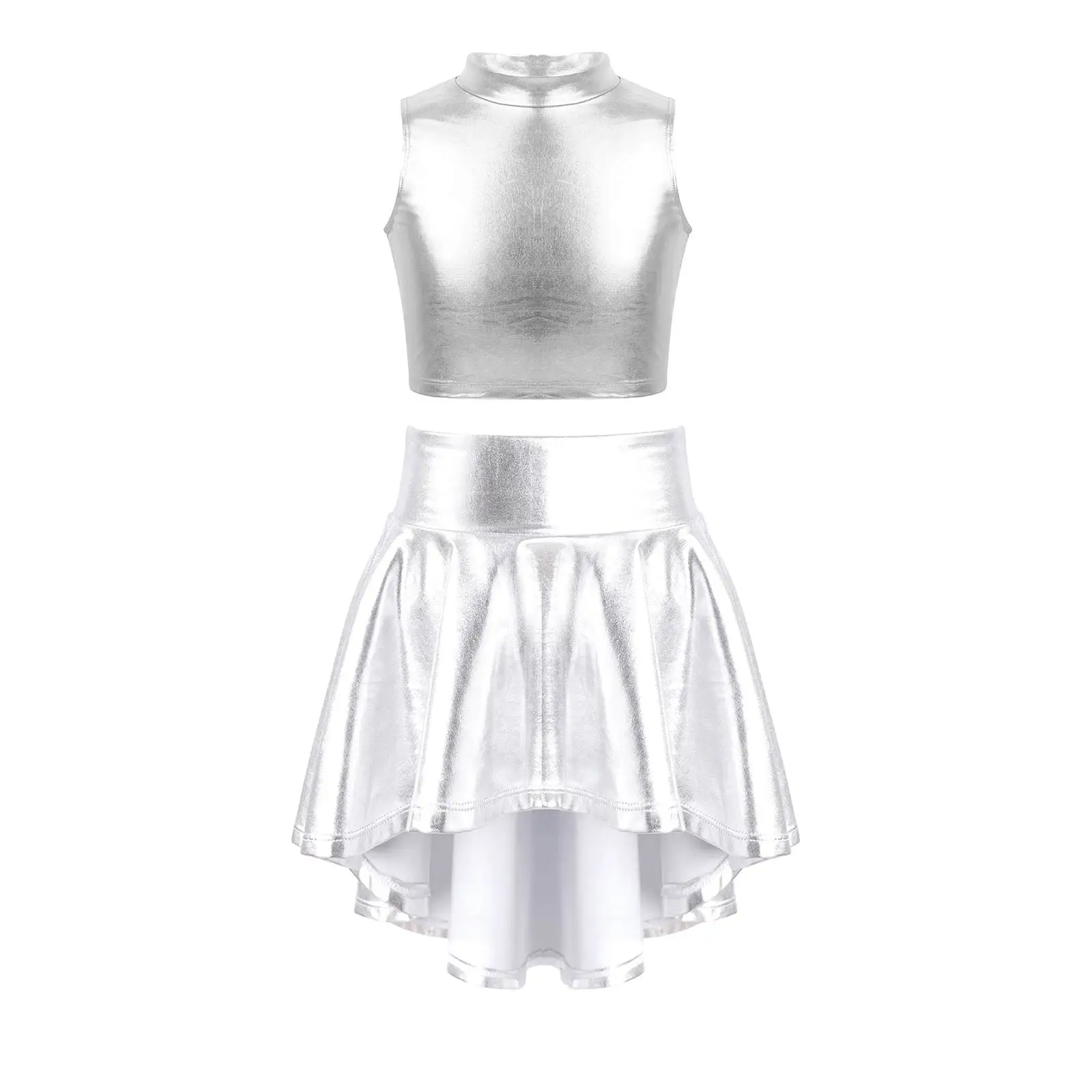 

Two-piece Kids Girls Glossy Metallic Sleeveless Turtleneck Crop Top with Irregular Hem Skirt for Workout Dance Stage Performance