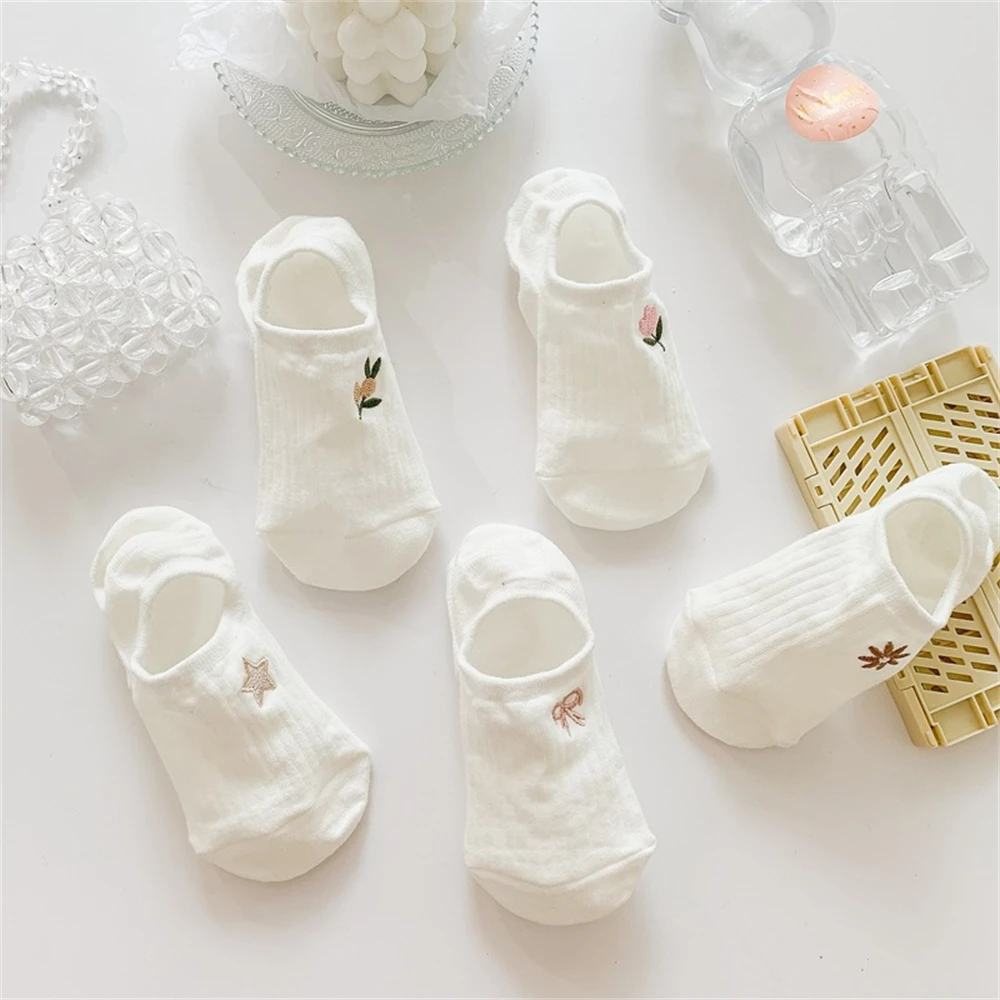 Description Picture 6 of itemNew Womens' Embroidered Bear Flower Strar Moon Squirrel White Cotton Fashion Summer No Show Invisible Socks Slippers Dropship