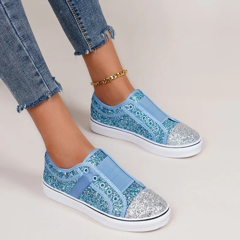 2022 New Women's Flats Bling Glitter Sneakers Women Vulcanize Shoes Female Breathable Flats Lace Up Casual Canvas Shoes