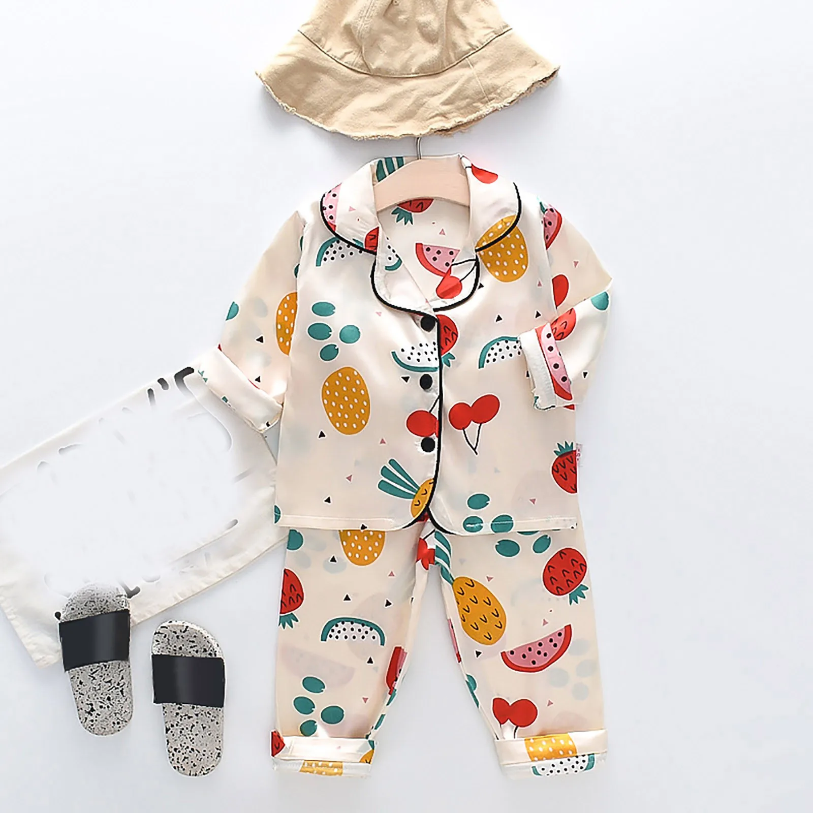 Toddler Kids Baby Boys Girls Satin Cartoon Button Down Shirt Tops + Long Pants Silk Pajamas 5 Set 4t Toddler Girl Clothes