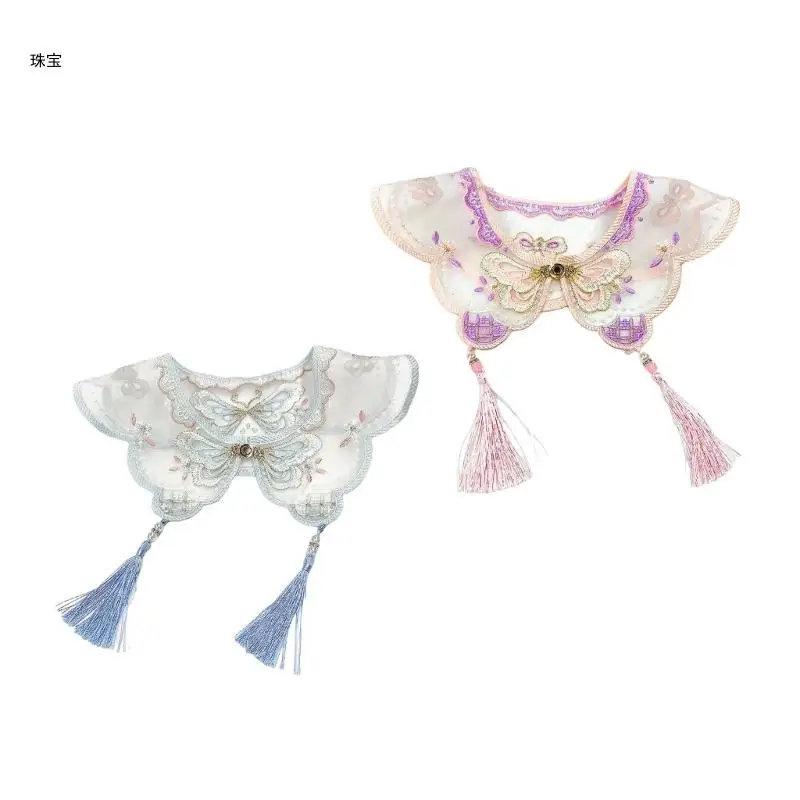 

X5QE Girls Embroidery Butterfly Tassels Decorative False Collar Organza Shawl