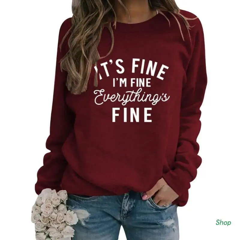 

L5YC Women Graphic Letters Sweatshirts Its Fine Everything Fine Crewneck Pullover Top