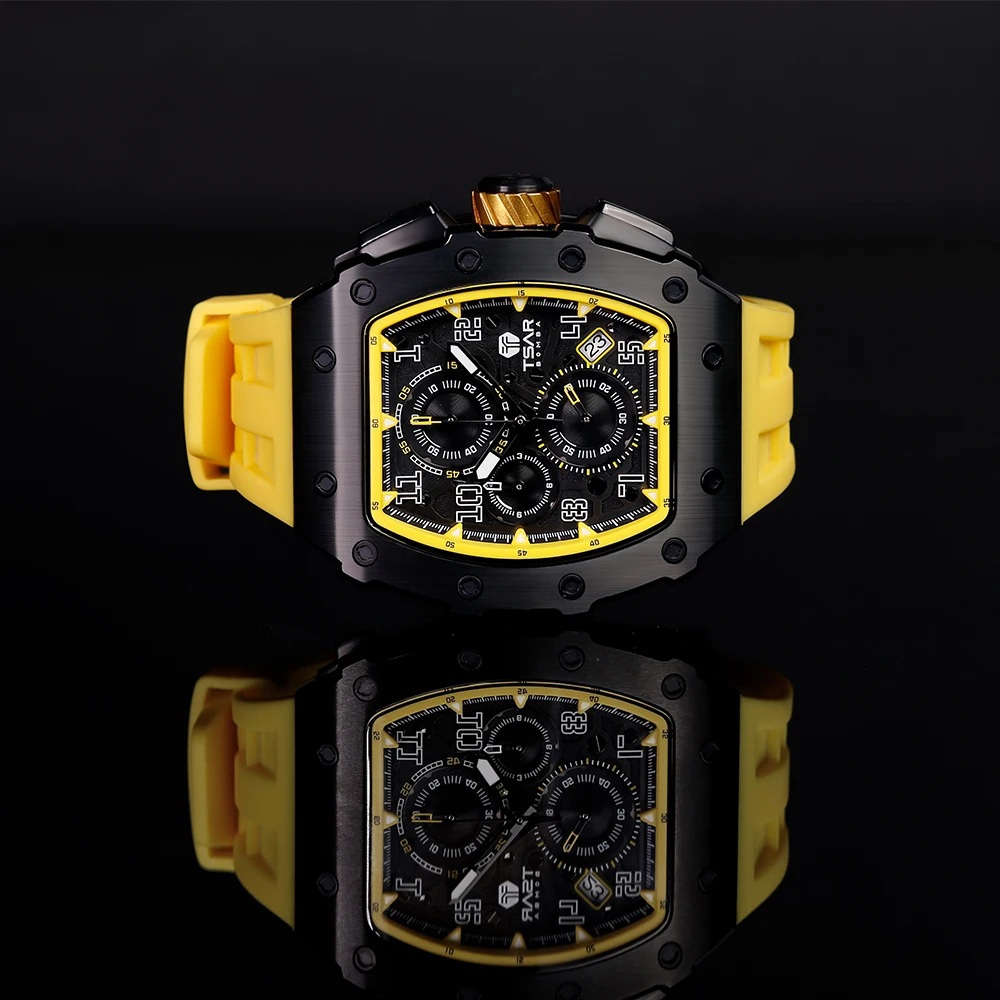TSAR BOMBA Luxury Mens Watch Tonneau Wristwatch Japan VK67 Quartz Chronograph Sapphire ClockFashion Waterproof Watches for Men