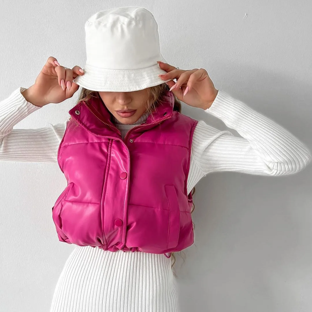 

Solid Color Sleeveless Collar Short Section Vest Female Autumn and Winter New Fashion Solid Color Draw Pleat Zipper Short Jacket