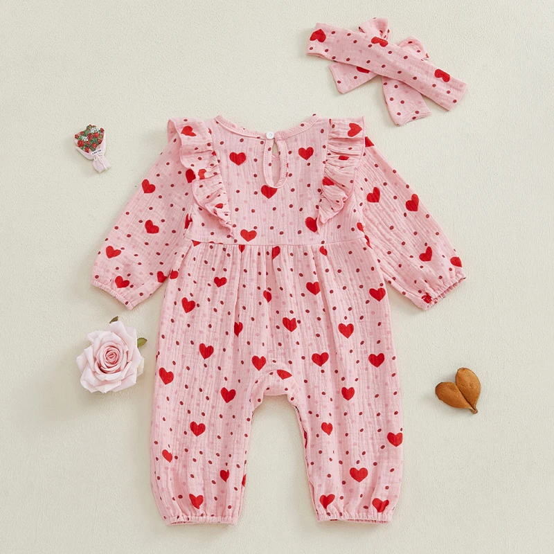Toddler Girl Valentine’s Day Dress Long Sleeve Heart Print Ruffle Tutu Skirt with Headband Set Infant Outfits Love Theme