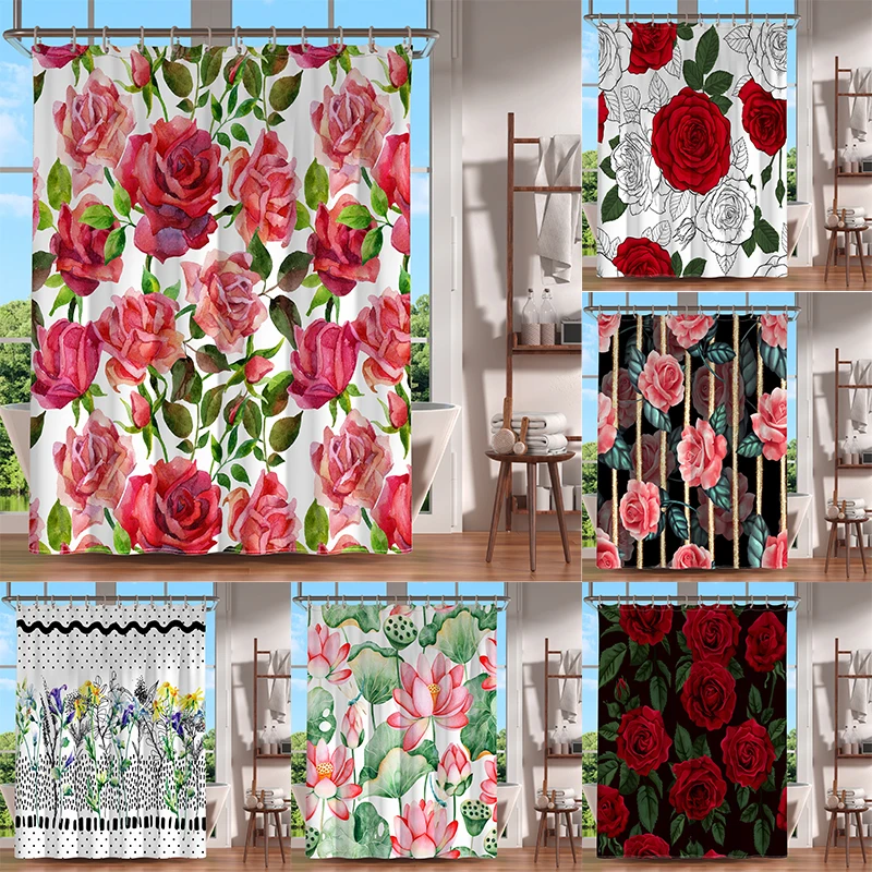 

Романтичная занавеска для душа с цветущими цветами, занавески для ванной, водонепроницаемая занавеска для ванной из полиэстера с крючками, занавески для душа