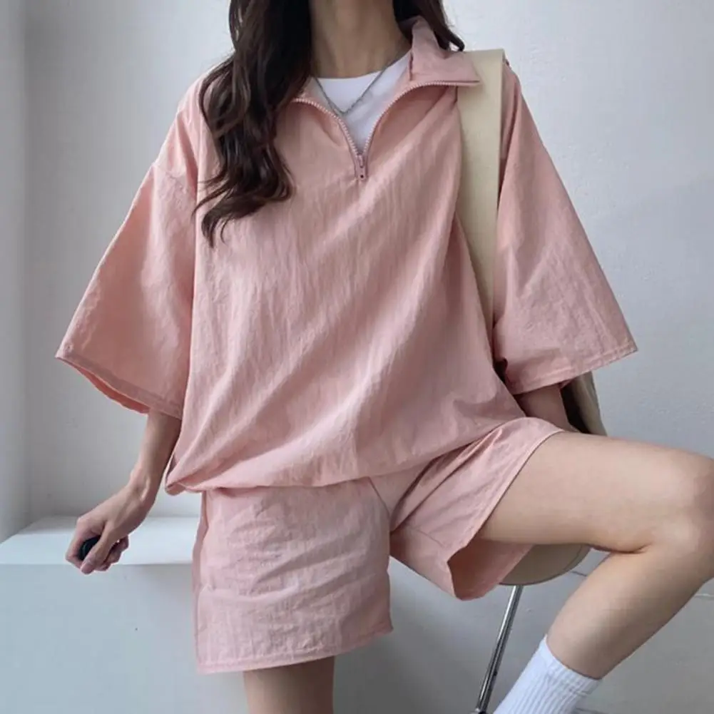 여름 여성용 탑 반바지 세트, 단색 지퍼 넥 턴다운 칼라 포켓, 반팔 운동복, 레이디 스포츠 세트, 2 개/세트