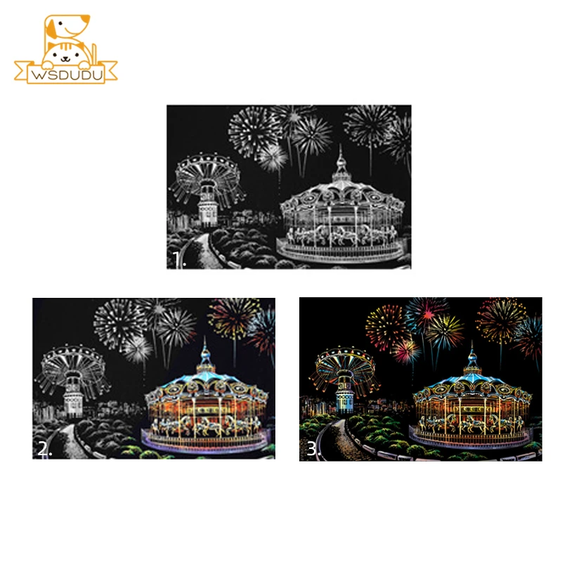 2PCS Scratch Paper Painting Kit Amusement Park Art Night Scene World Landmarks Magic Drawing Toys with Pen Crafts Adult Kid Gift scratch paper painting kit