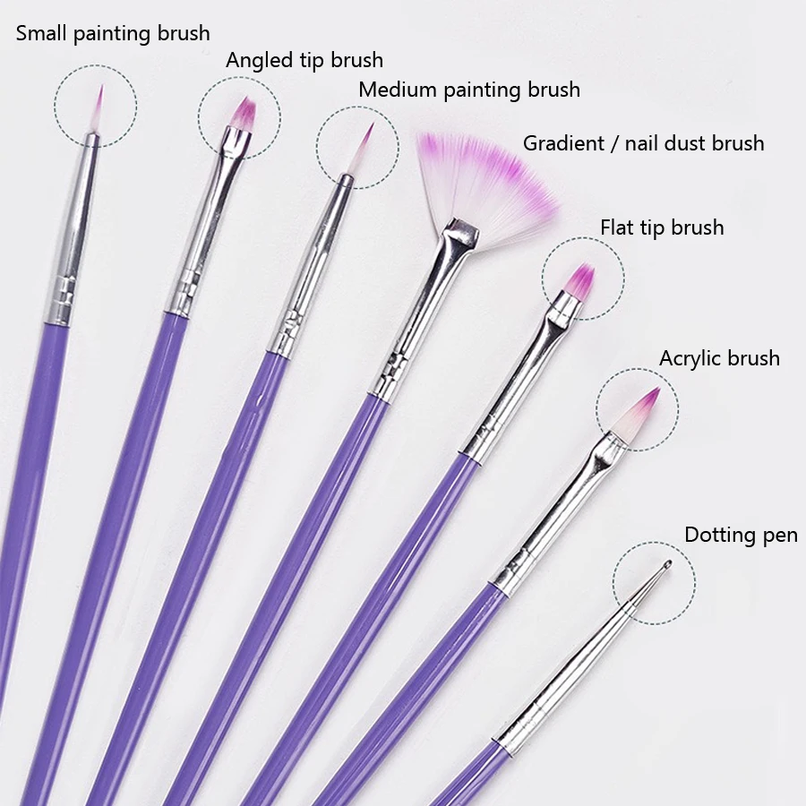 7-teiliges Nail-Art-Pinsel-Set mit violettem Griff, anfängerfreundliche Blumenmalerei, Zeichnung, Liner, Punktierung, Maniküre, Übungspinsel – Detail 4