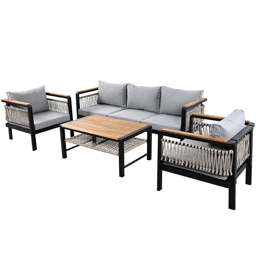 4 Pieces Outdoor Sectional Sofa Set 5-person Patio Seating Group Outdoor Cnversation Set with Cushions and a Coffee Table