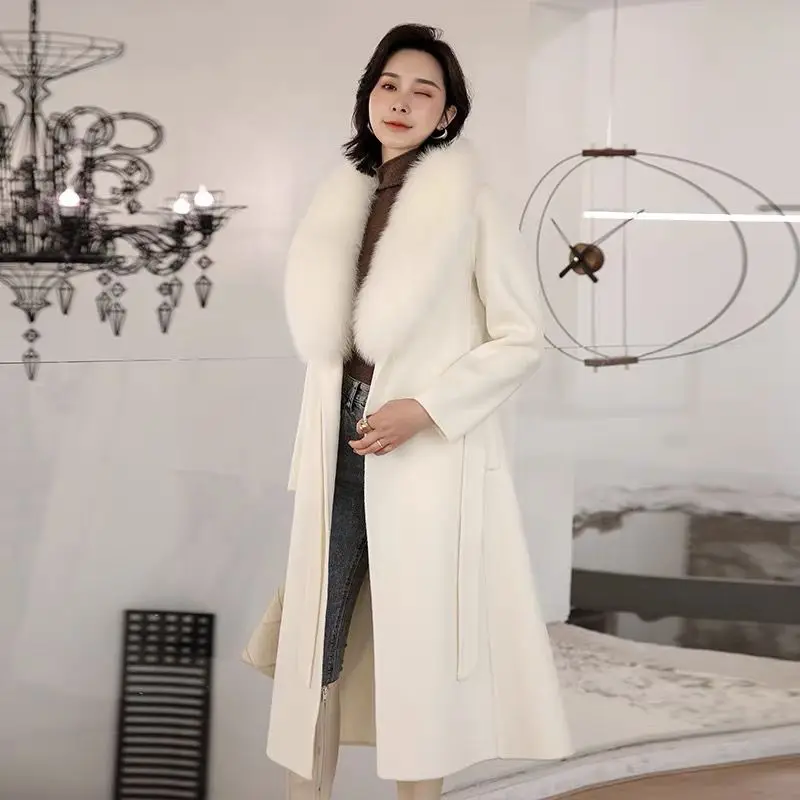 

2024 New Women real fur woolen Winter Real Fur Wool Coat Fashion Elegant Female Jackets Natural Fox Fur Long Overcoat With Belt