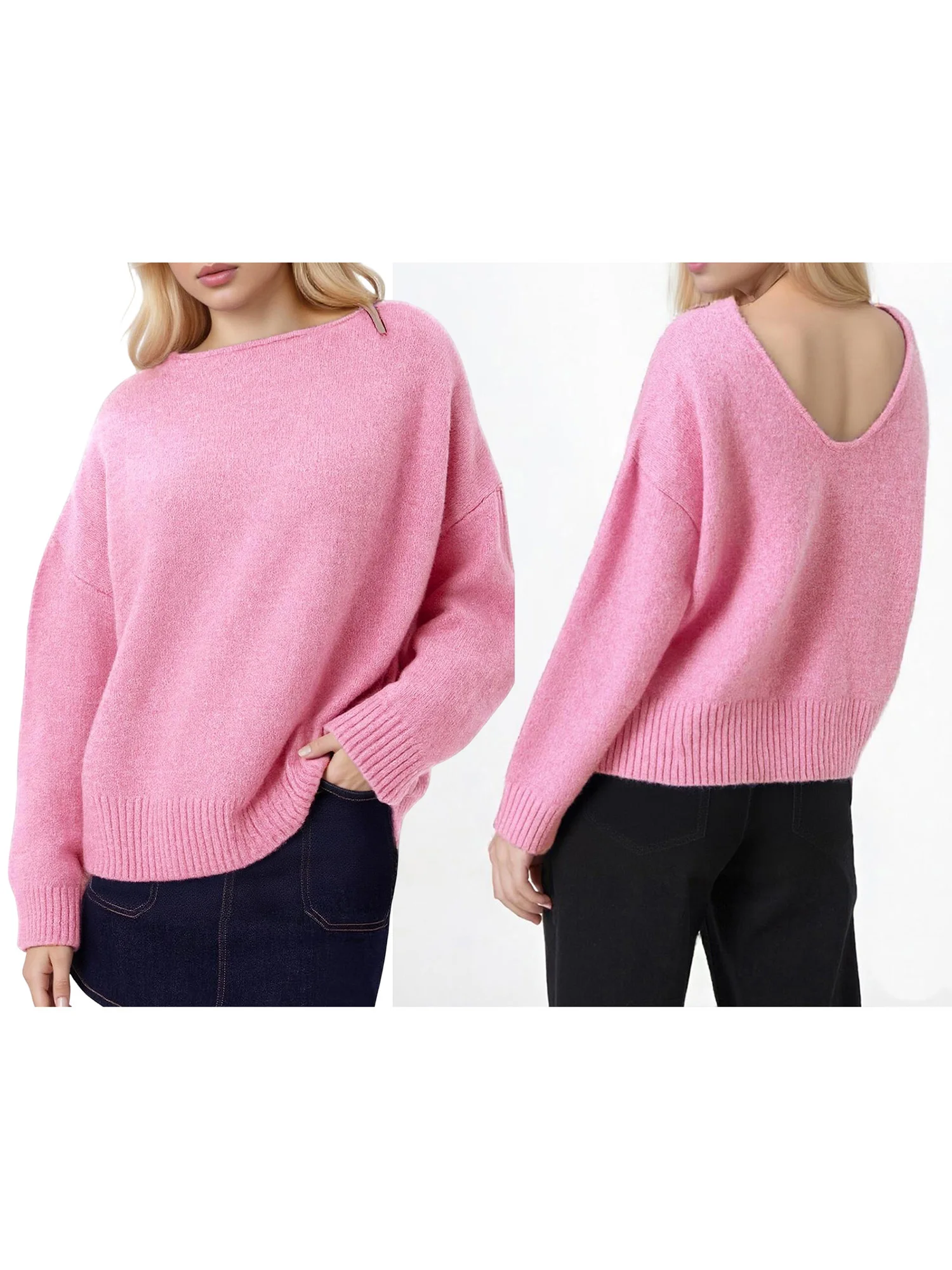 Women s Boat Neck Sweater Loose Fit Off Shoulder Casual Stylish Solid Ribbed Trim Backless Long Sleeve Knit Top with a Twist