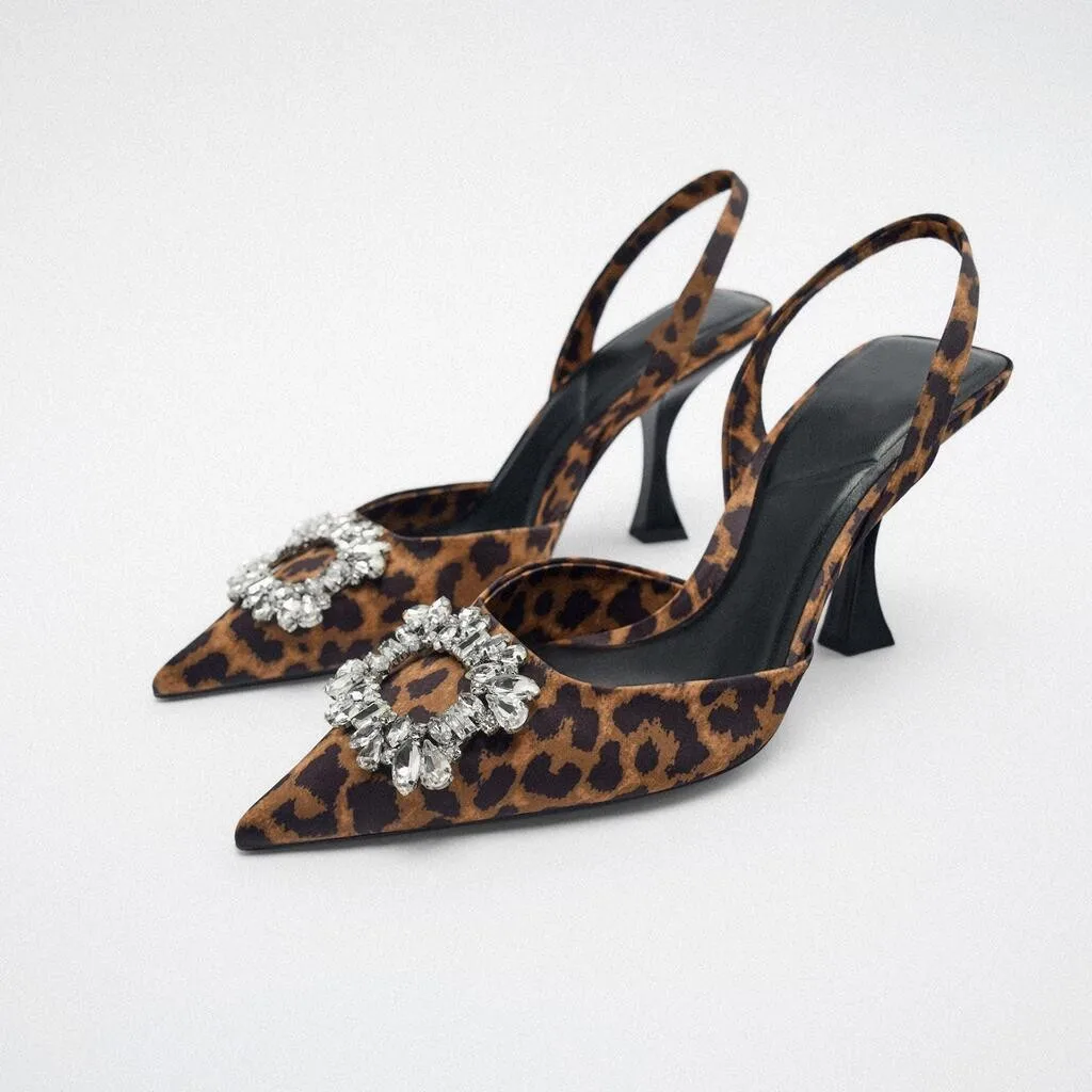 Women High Heels Shoes 2023 WSL TRAF ZA Summer Pointed Rhinestones Leopard Print Pump Fashion Travel Stiletto Sandal Woman Shoes