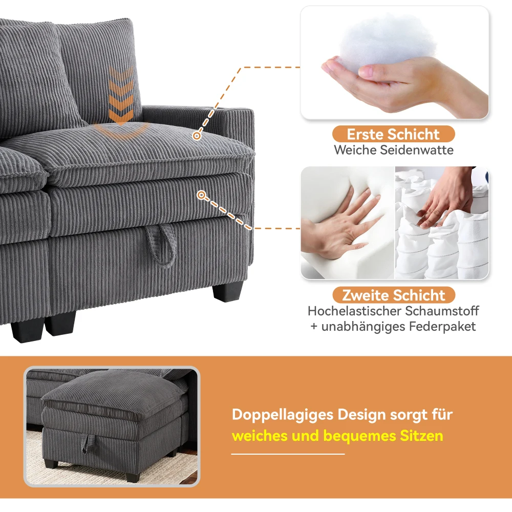 Modernes L-förmiges Sofa mit Kabelbefestigung, abnehmbarem Fußhocker, USB-Anschlüssen, Ablagefächern und Getränkehaltern, modulares Sofa – Detail 38