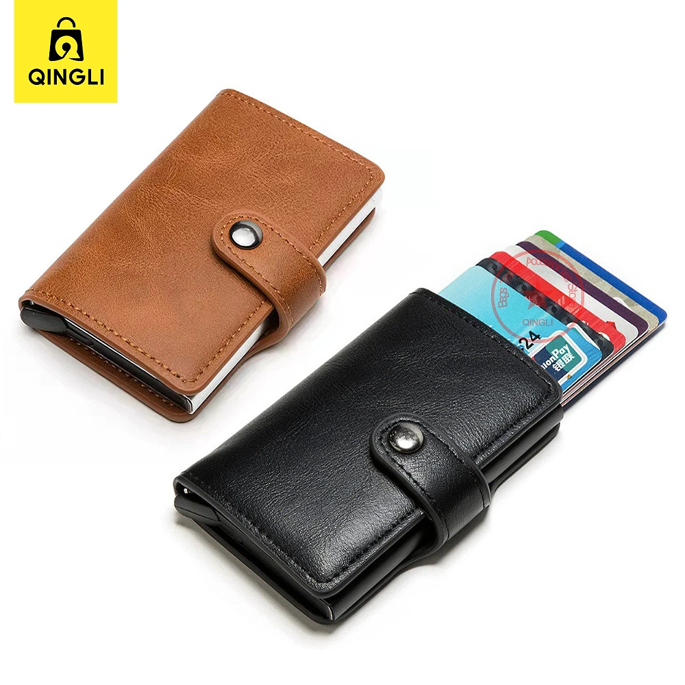 Pop-up Antitheft RFID Card Holder Aluminum Alloy Business Card Case Men Hasp Folding Leather Credit Card Wallet Women Mini Purse