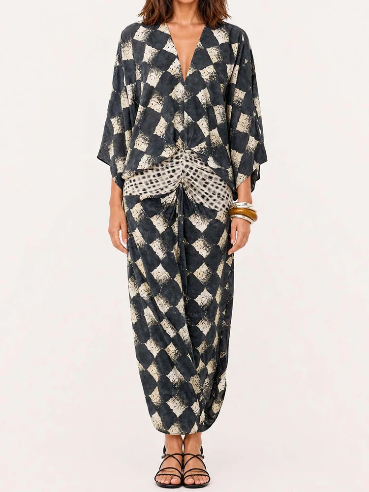 Female Retro Patchwork Printing Maxi Dress, Women Summer Holiday Casual V Neck Loose Party Dress, 2026 Ladies Elegant Dresses 1