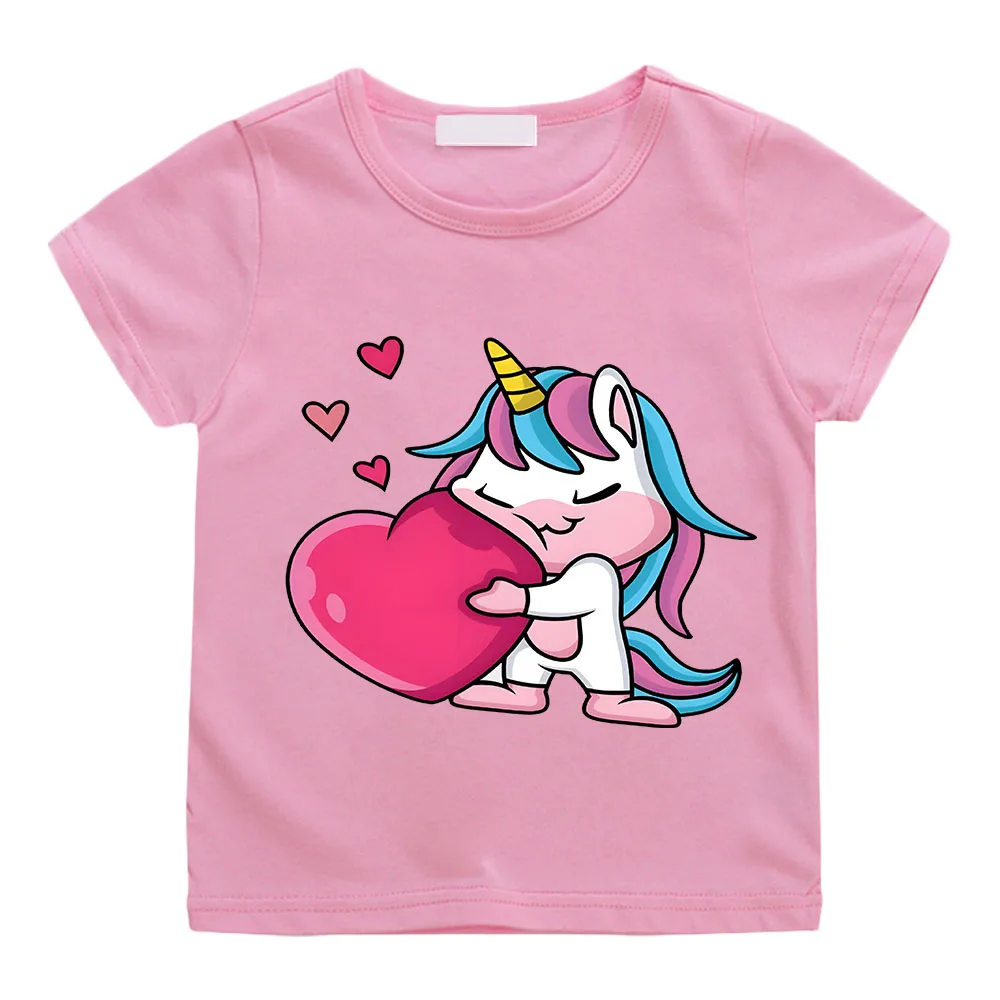 

Summer New Girls' T-shirt Cartoon Unicorn Horse Printed Children 2024 Pure Cotton T-shirt Round Neck Short-sleeved Tops Costumes