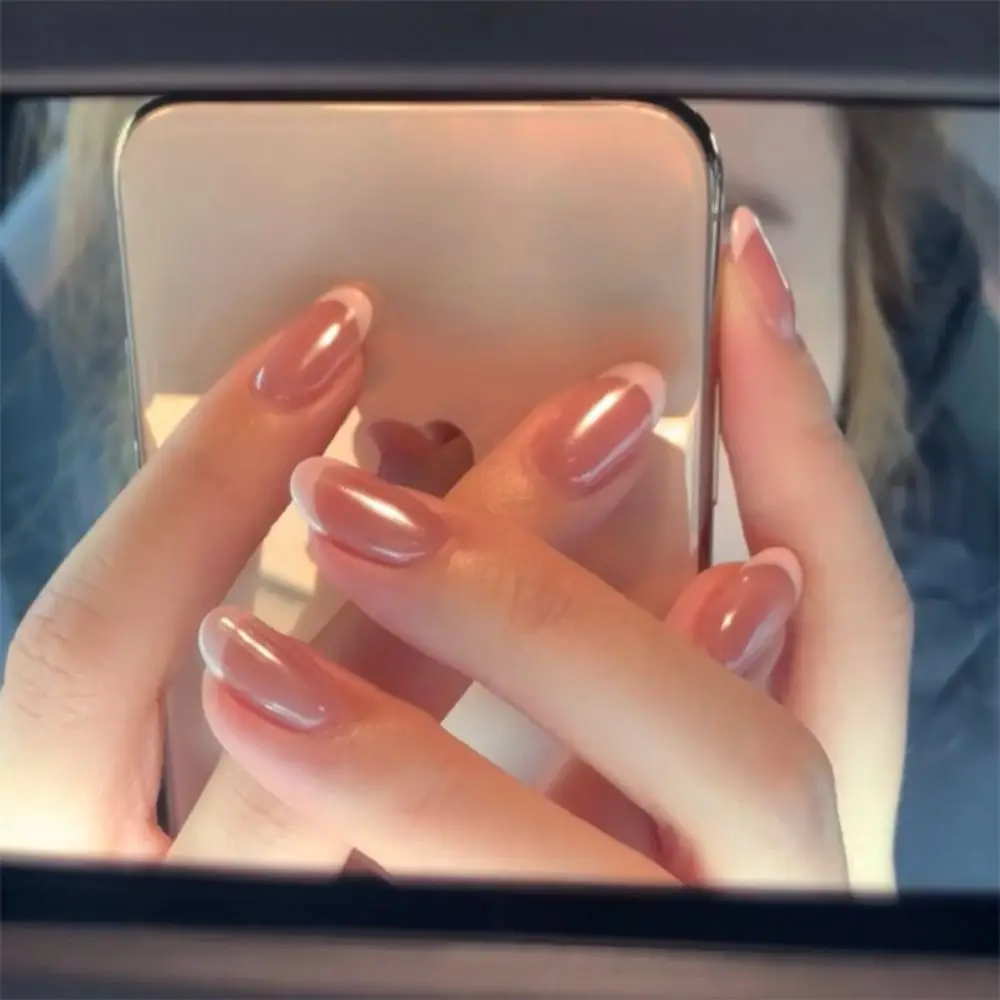 24pcs Manicure Long Almond False Nails French White Edge Fake Nails Detachable Aurora Flower Press on Nails DIY