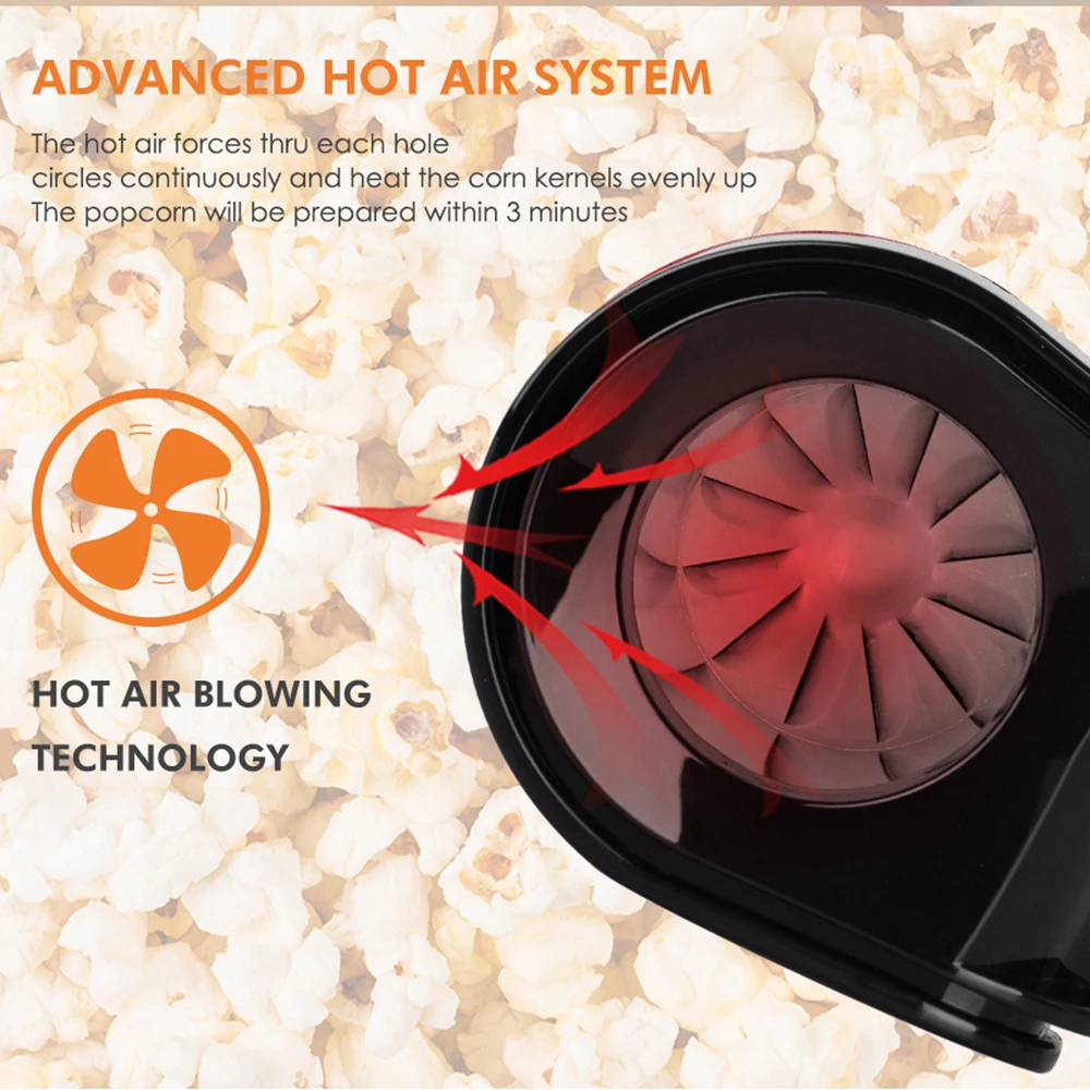 Electric Popcorn Makers Hot Air Popper Maker Automatic Fast Popcorn Machine 2L Capacity for Home Movie Time Kids Christmas Gift
