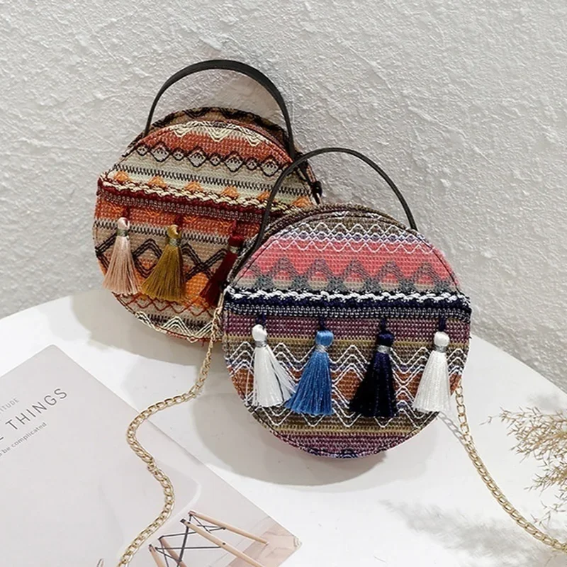 New Korean Versatile Crossbody Bag Chic Harajuku Ethnic Style Round Bag Chain Striped Girl's Small Body