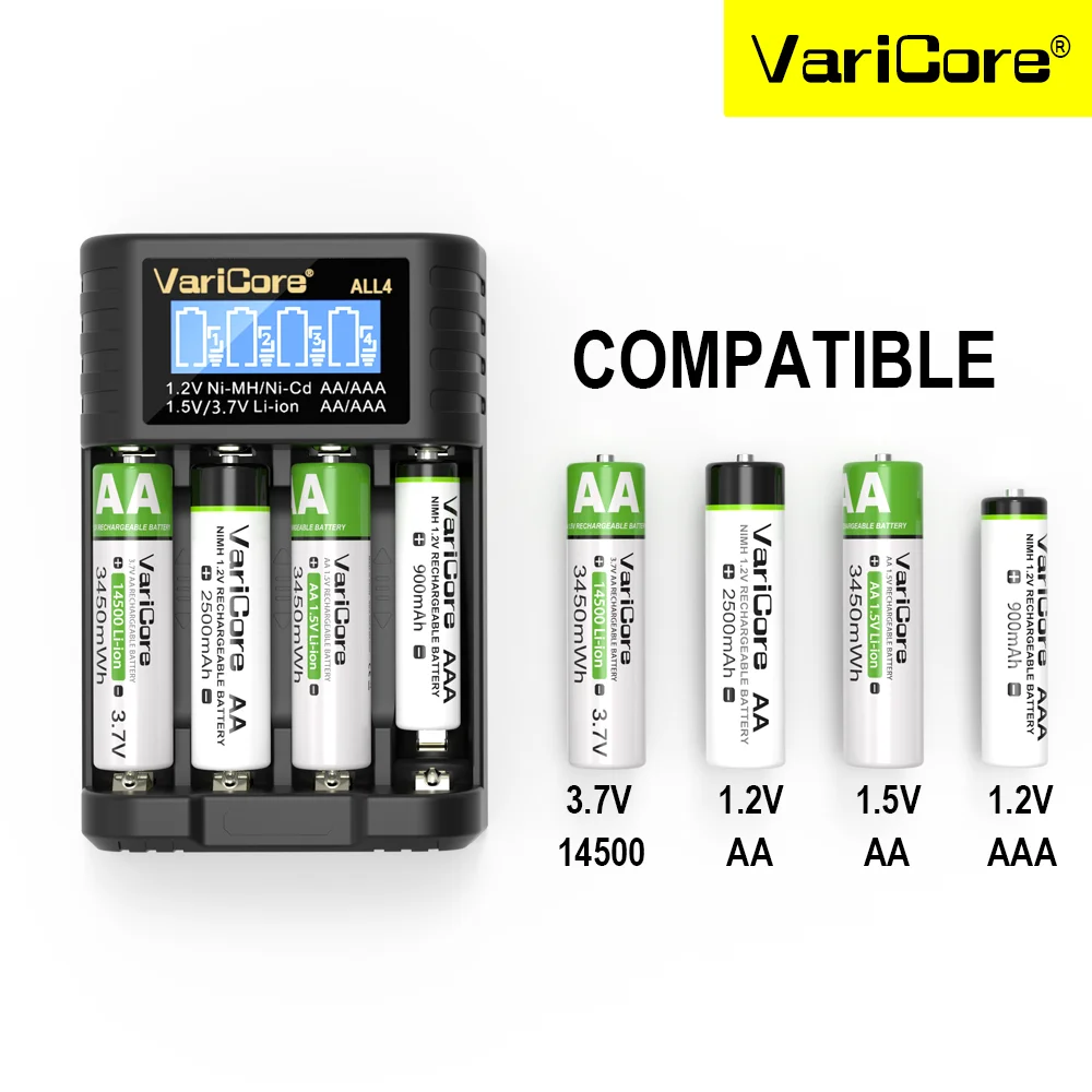 Battery Charger VariCore AA/AAA 4 8-slot LCD ALL4 8 Suitable for 1.2V Ni-MH 1.5V/3.7V Li-ion Batteries