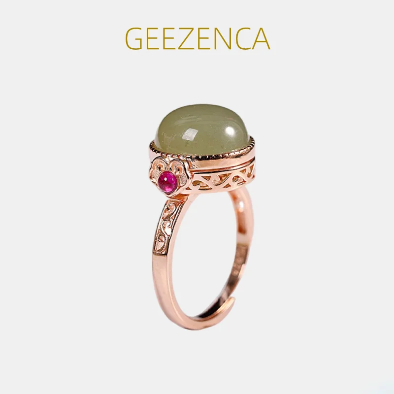 

GEEZENCA 925 Sterling Silver Natural Jade Locket Ring For Women Rose Gold Plated Jasper Openable Rings Fine Jewelry Party Gift