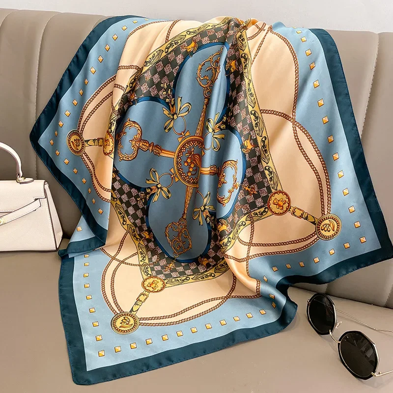 Luxury Brand Silk Square Plaid Scarf Women Satin Neck Hair Tie Band Soft Work Neckerchife 2021 NEW Hijab Head Female Foulard 6