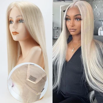 #60 Platinum Blonde Full Lace Wig 20inch Straight Remy Human Hair Wig Invisible Lace Bleached Knots Pre Plucked For Women