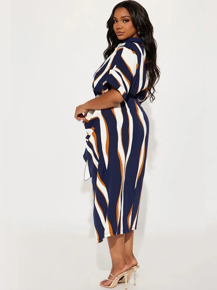 Wmstar Plus Size Women's Dresses 2025 Wholesale Striped Tie Lapel Short Sleeve Button Bandage Elegant Long Dress Drop Shopping