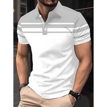 Polo estiva da uomo alla moda, con un design casual con bottoni sul colletto e stampa a righe personalizzata, ideale come regalo o per l'uso quotidiano.