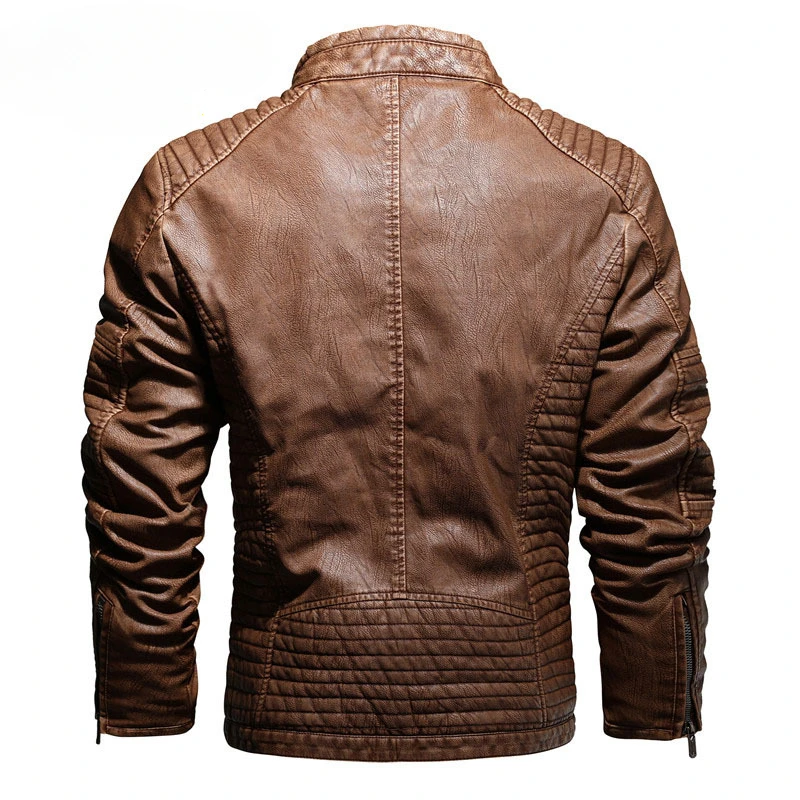 2023 Winter Men Casual PU Leather Jacket Fashion Solid Color Imitation Leather Stand-up Collar Slim Fit Motorcycle Leather Coat