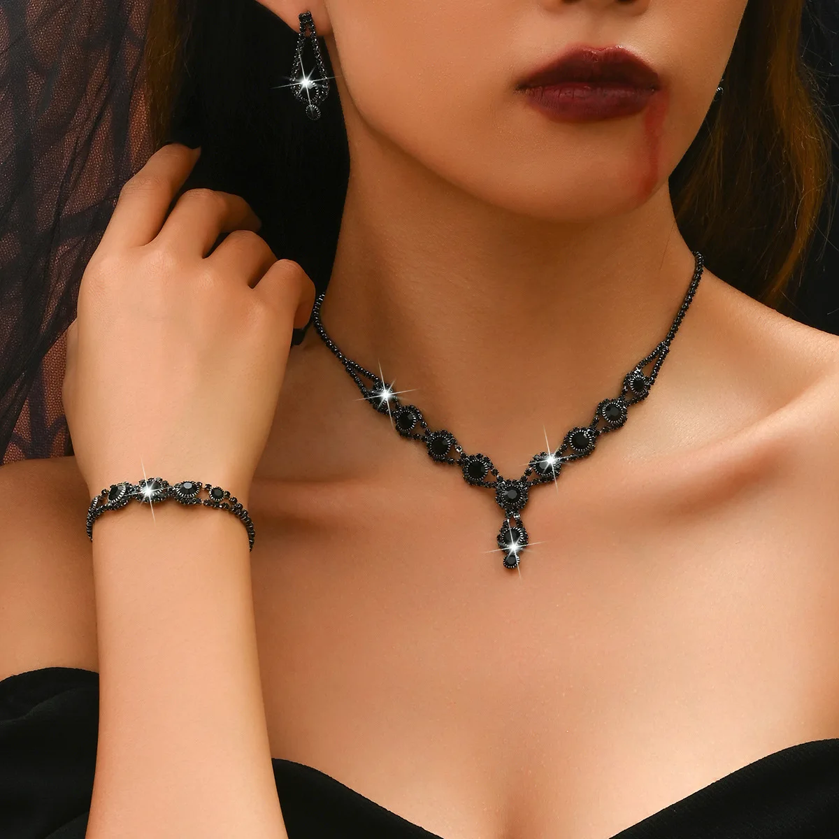 Jewelry Sets for Women,Crystal Rhinestones Necklace Ring Earrings,4PCS