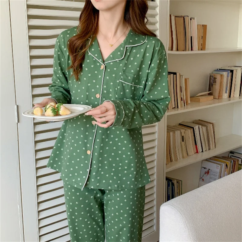Spring Autumn Women's Thin Pajamas Lapel Long Sleeve Cardigan Pants Loose Casual Home Clothing Set Girls Sweet Printed Sleepwear