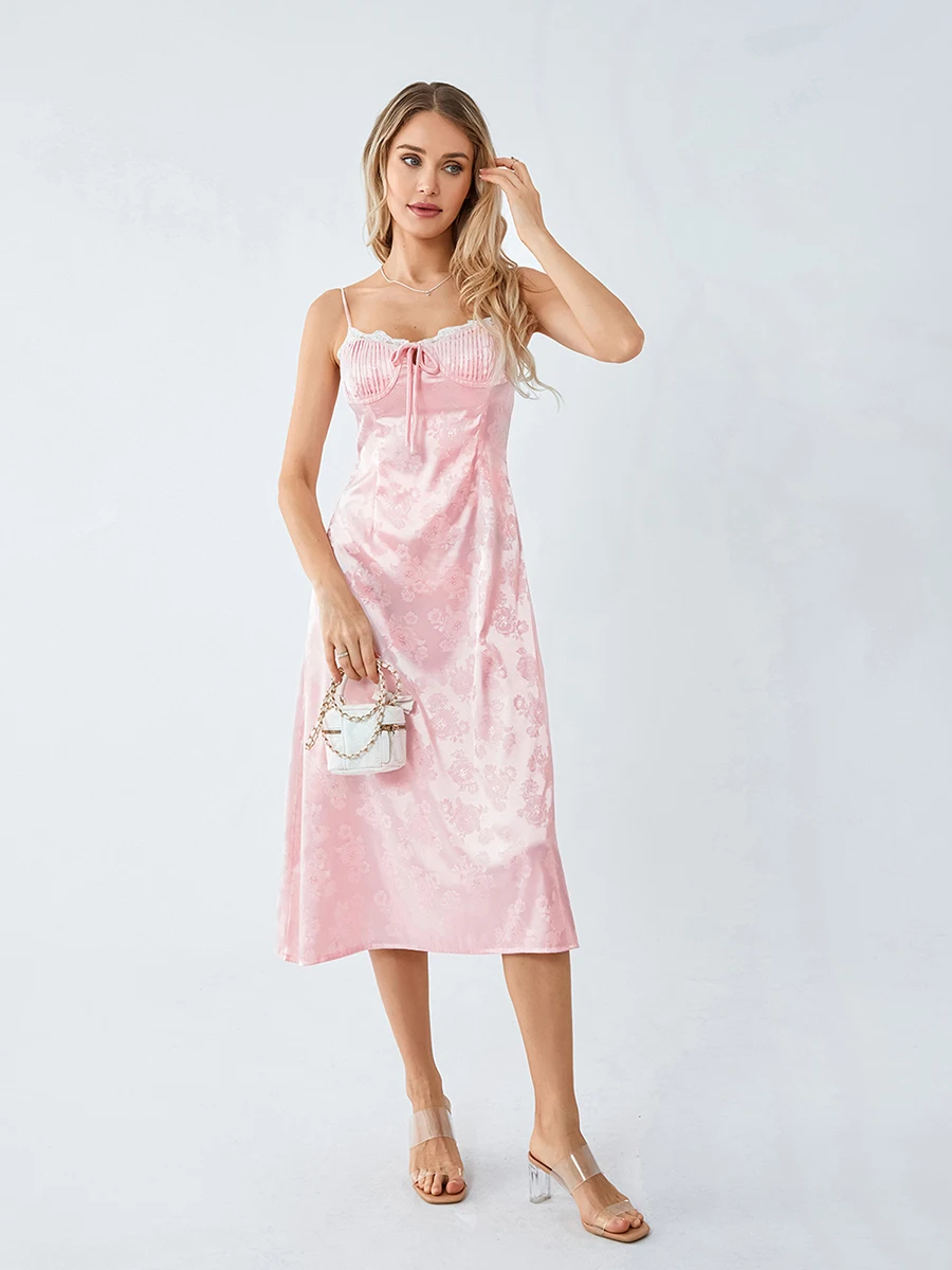 

Women Sleeveless Spaghetti Strap Tie-up Front Jacquard Cocktail Dress Satin Backless Bodycon Party Club Long Dress