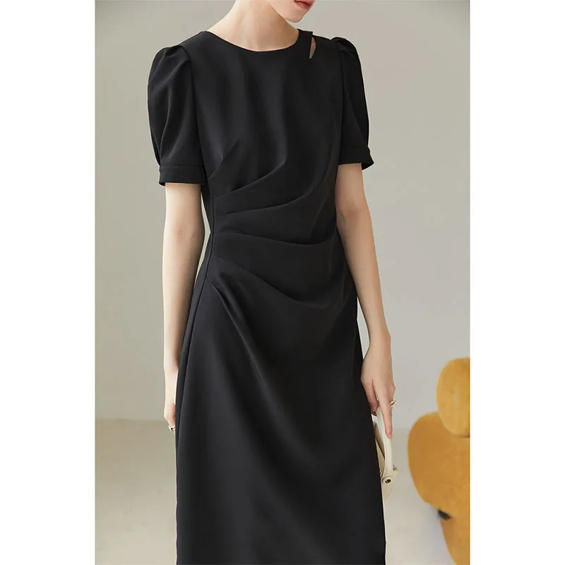 

Summer Dress Women Korean Fashion Elegant Short-sleeved Round Neck Hollow Waist Retraction Shirring Mid-length Dress Black Dress