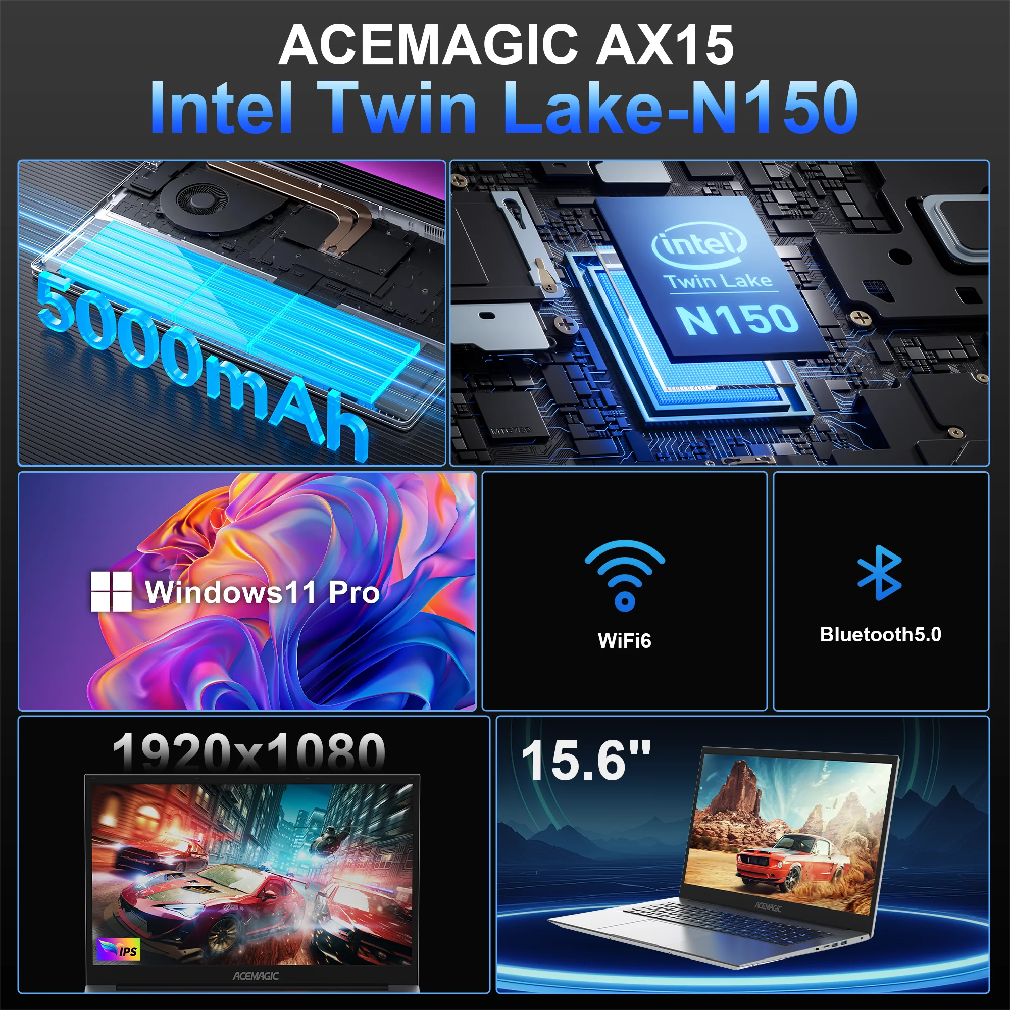 ACEMAGIC AX15 Intel Twin Lake-N150 15.6" Ultra Slim 5000 mAh Laptop 16GB LPDDR4 Ram 512GB Rom Windows 11 BT5.0 Wifi 6 Notebook 3