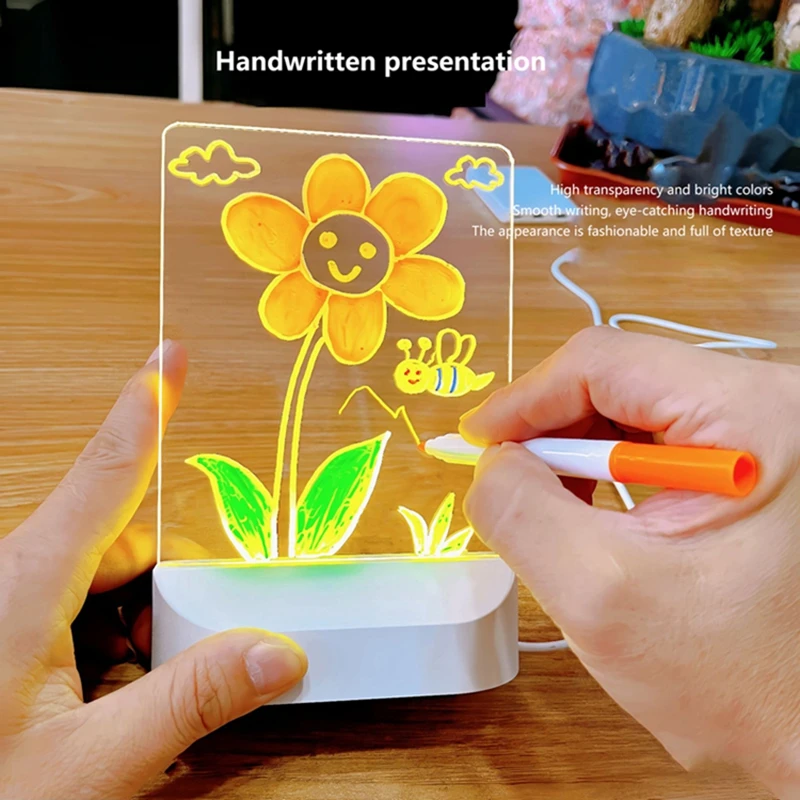 LED 어린이용 손그림 발광 보드 지울 수 있는 조명 USB 플러그인 야간등 DIY 창의적 장난감 7개 펜 포함 선물 신제품