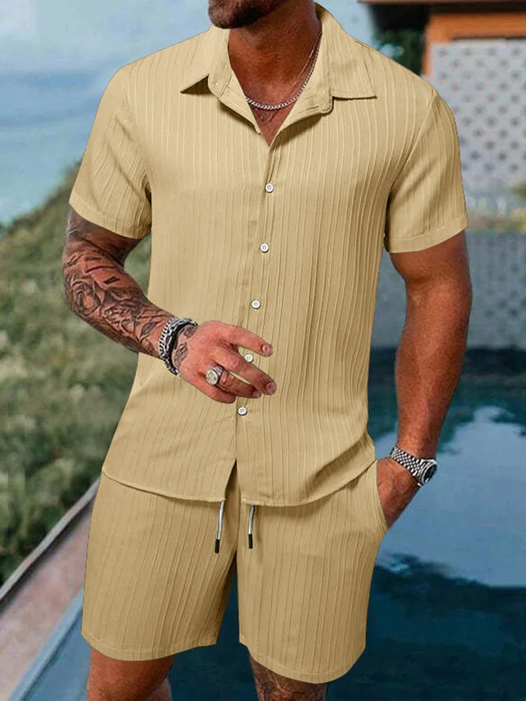 Mens Summer Short Sleeve Button Shirt and Wide Leg Shorts Set