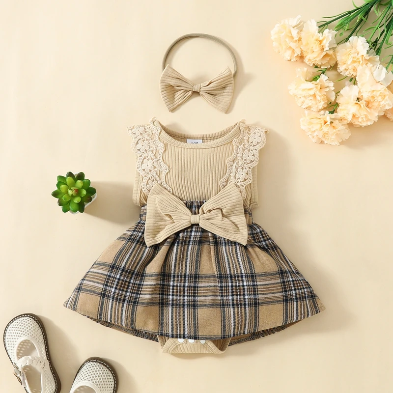 

Baby Girls Rompers Dress Lace Fly Sleeve Bowknot Plaid Skirt Hem Infant Bodysuits Summer Clothes with Headband