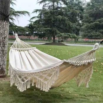 Bohemian Double Hammock for 2 Person, Red White Striped Pattern with Tassels, Heavy Duty Rope Outdoor Hammock with Carry Bag