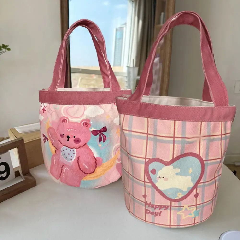

Cute Pink Bear Canvas Tote Bag Buckle Closure Cartoon Print High Capacity Portable Handle Girls Lunch Bag lonchera bolso mujer