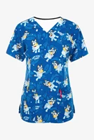 Cartoon Dog Blue V-Neck Print Scrub Top Women's Work Uniform Pet Shop Dental Nurse Caregiver Nurse Uniform 1