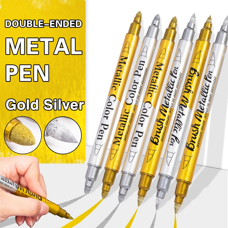 더블 헤드 금속 마커 펜, 그림 문구류, 학교 용품, 영구 미술 마커, 2 색, 금 실버, 2.5mm, 12 개