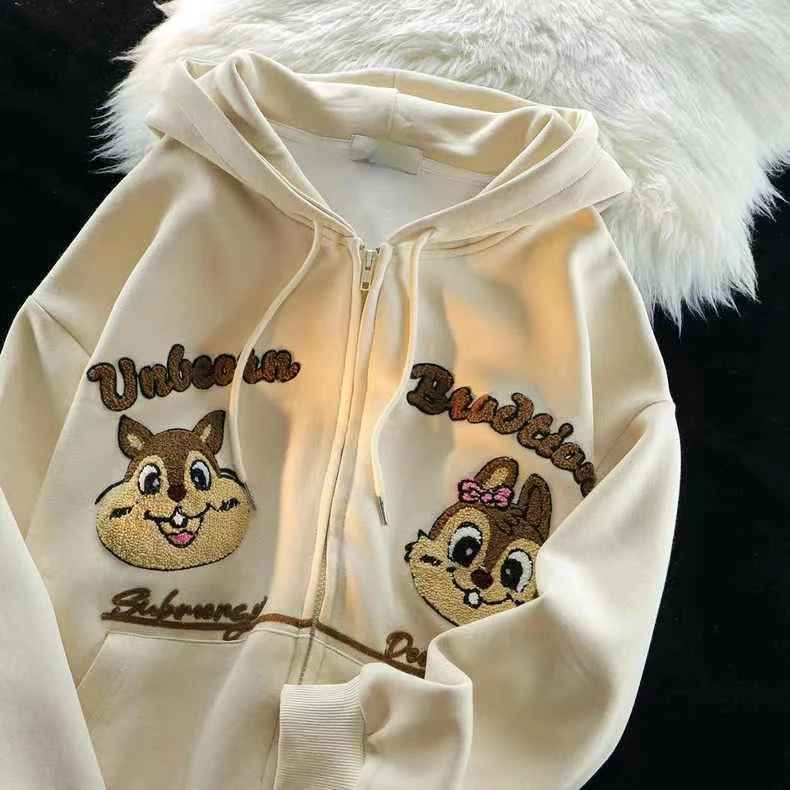 

New American Vintage Trendy Cartoon Zipper Coat 2023 Spring and Autumn Gothic Super Large Hooded Women Kawaii Clothes