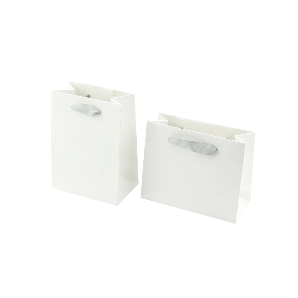 50pcs/lot Personalized Logo White Paper Tote Bag With Gray Ribbon Custom Shopping Bags Wedding Party Gift Bags Bulk with Handles