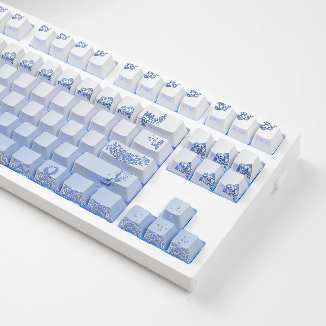 

134 Keys Blue and White Porcelain Keycaps Blue Gradient Backlit Side Print Keycap PBT OEM Profile For Mx Switch Keyboard 67 75 8