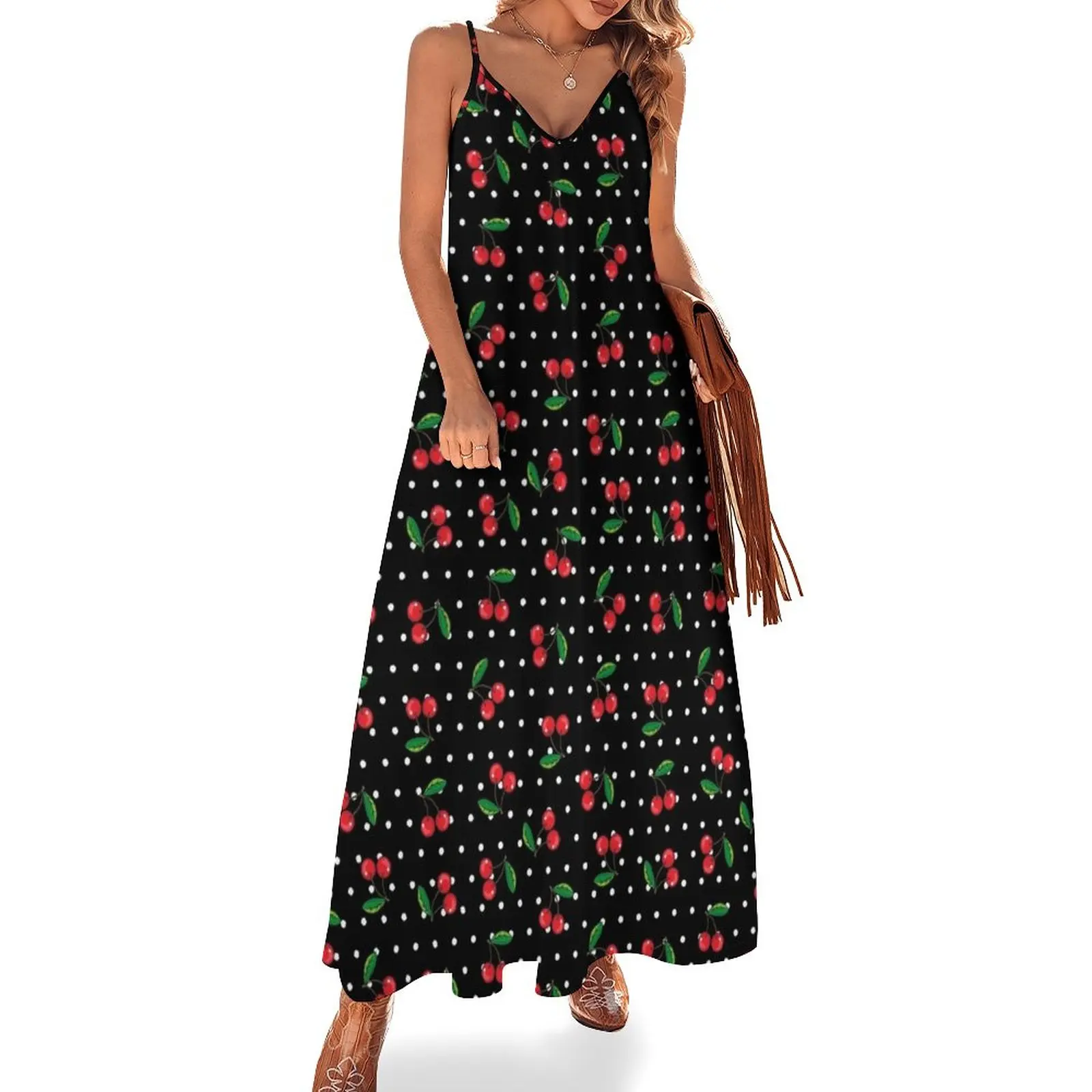 

Red Cherries and Polka Dots Rockabilly Pattern Sleeveless Dress Party dresses for women Female clothing