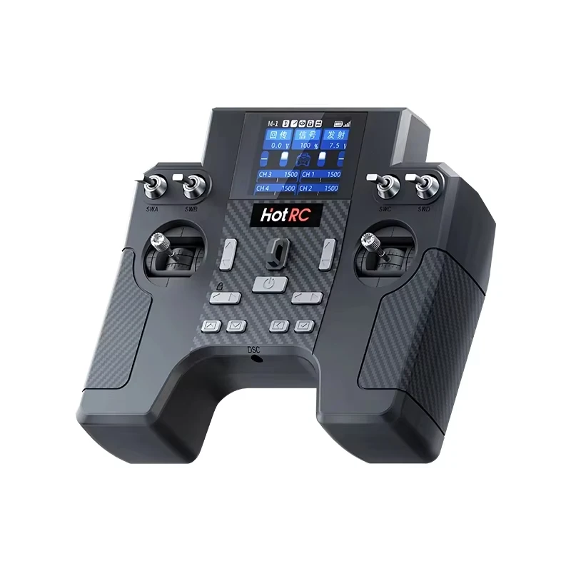 Émetteur RC HotRC HT-8A 8CH 2.4GHz avec sa notice d'utilisation, prêt pour piloter hélicoptères, avions, voitures ou bateaux.